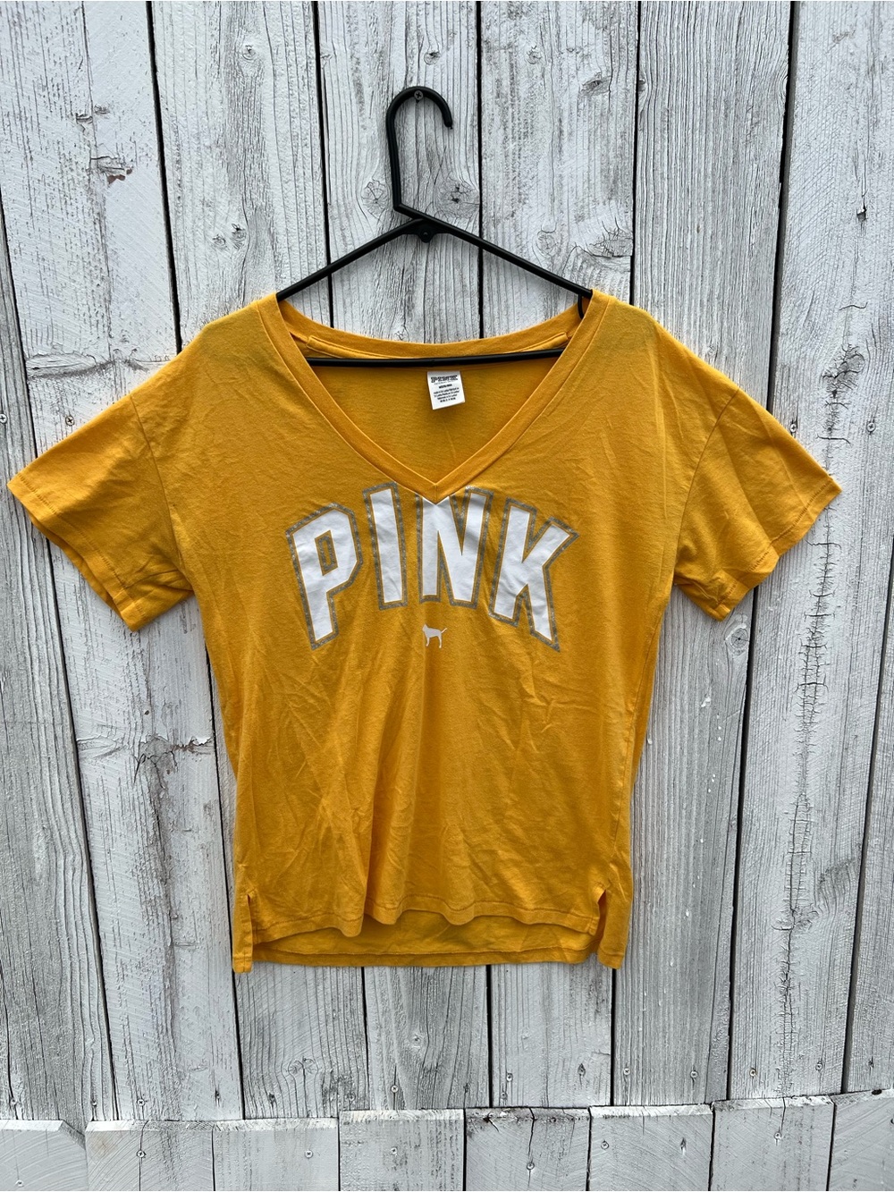 PINK Victoria's Secret Mustard Yellow V-Neck Logo Tee